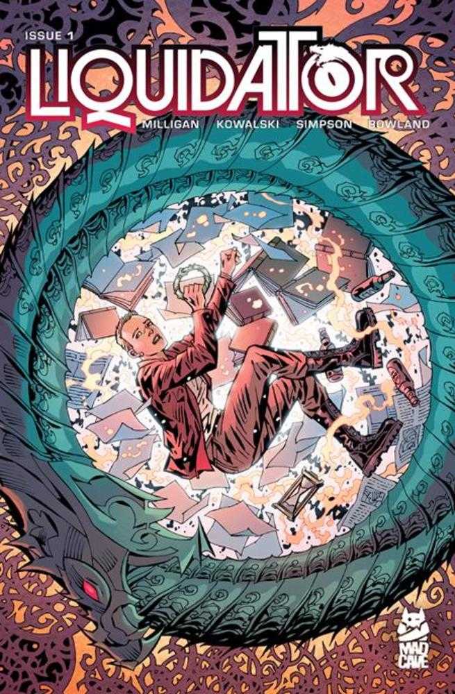 Comic book cover titled 'Liquidator' with a central figure surrounded by books and a dragon-like creature.