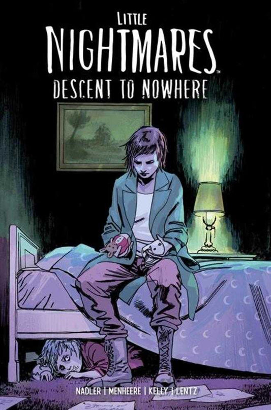 Comic book cover of 'Little Nightmares: Descent to Nowhere' with a character in a room.