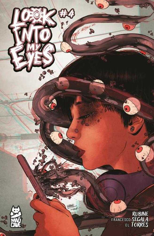 Comic book cover titled 'Look Into My Eyes' with a stylized illustration of a person wearing a helmet.