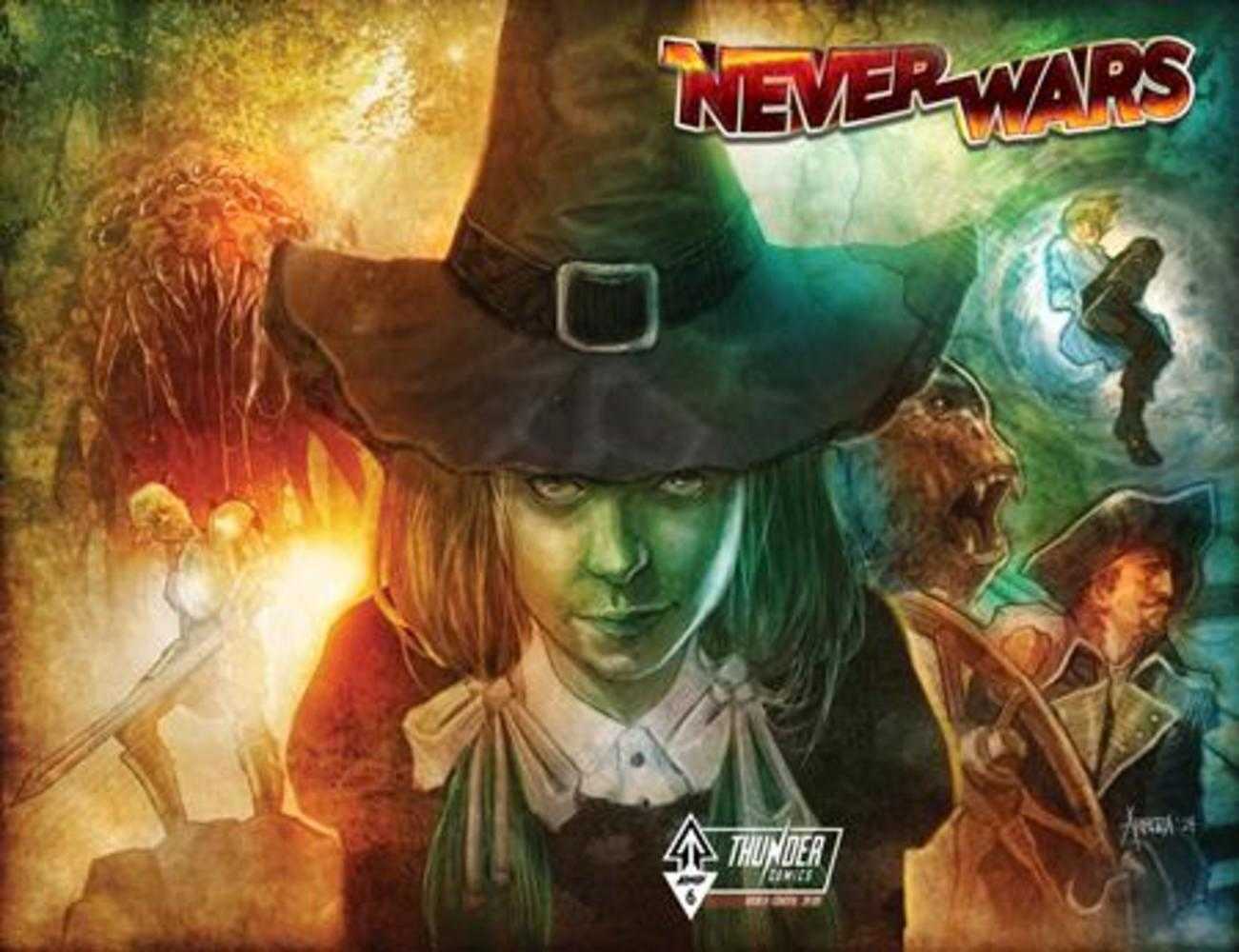 Cover of 'Never Wars' with a character in a green hat and other figures in a fantasy setting.