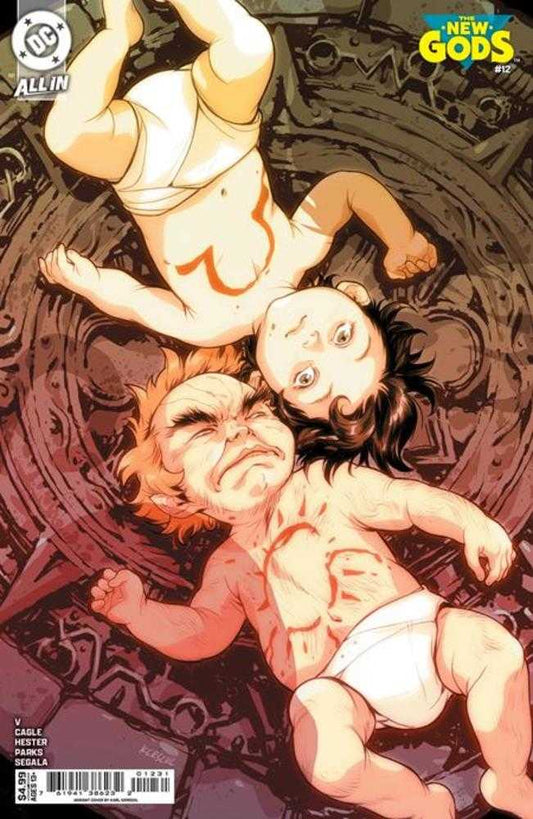Comic book cover featuring two babies lying on a textured surface with 'New Gods' branding.