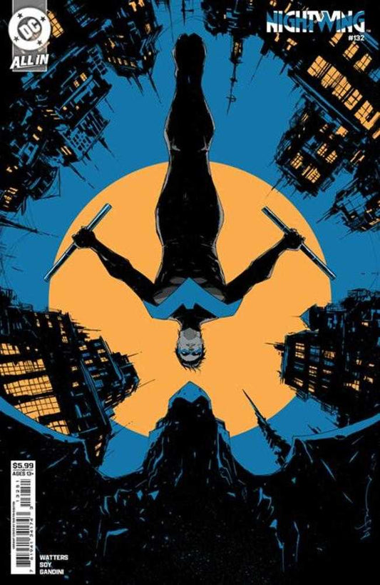 Comic book cover featuring a silhouette of a character in a cityscape with a large moon.