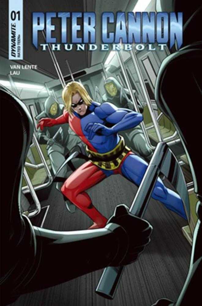 Comic book cover featuring a superhero in a dynamic pose with 'Peter Cannon Thunderbolt' text.