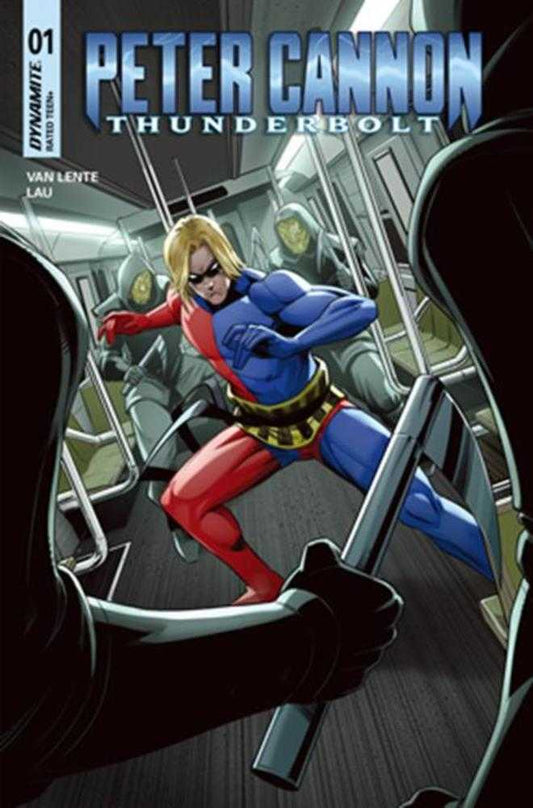 Comic book cover featuring a superhero in a dynamic pose with 'Peter Cannon Thunderbolt' text.