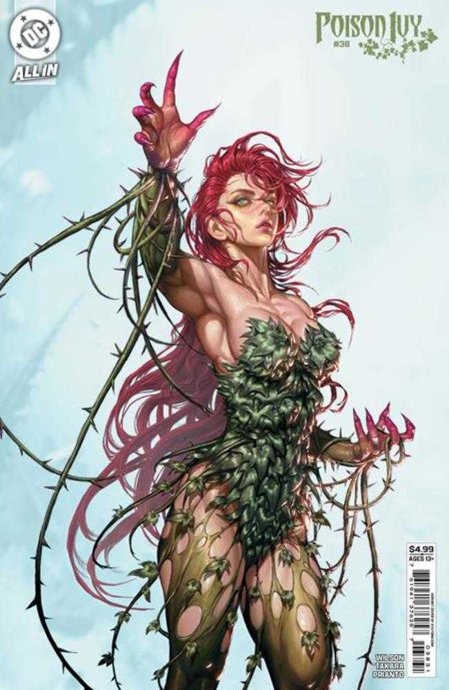 Comic book cover featuring a character with red hair and green foliage, holding thorns against a light blue background.