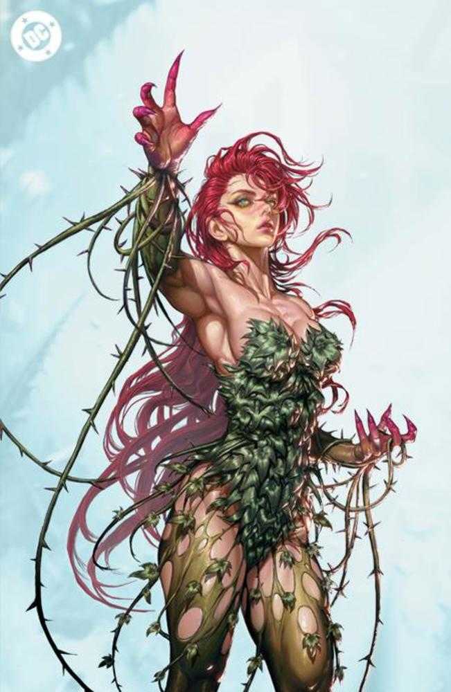 Comic-style illustration of a character with red hair and greenery, holding thorns against a light blue background.