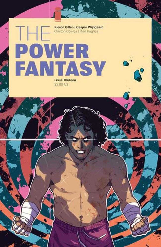 Comic book cover titled 'The Power Fantasy' with a character in a dynamic pose against a colorful abstract background.