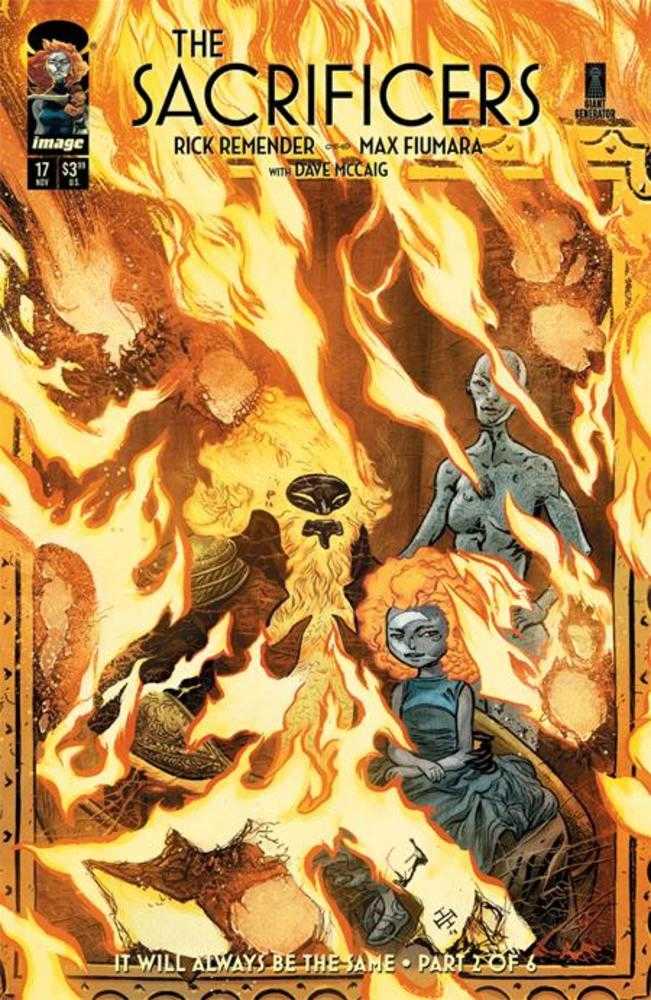 Comic book cover titled 'The Sacrificers' with fiery background and characters.