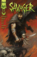 Comic book cover titled 'Savager' with a warrior holding a sword and skull, on a red and orange background.
