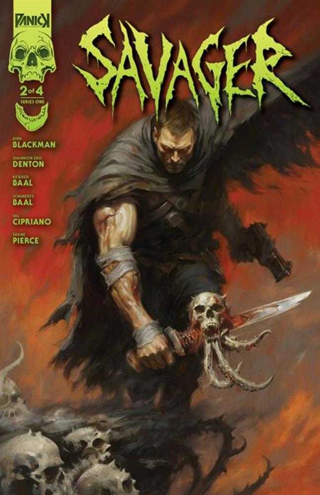 Comic book cover titled 'Savager' with a warrior holding a sword and skull, on a red and orange background.