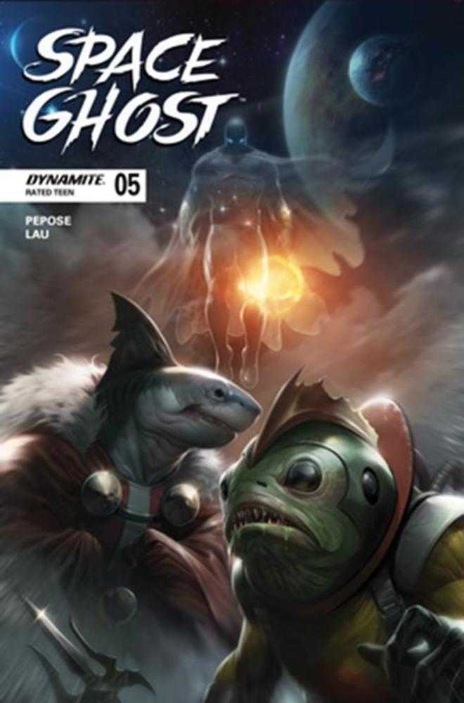 Comic book cover featuring two characters with a space-themed background and 'Space Ghost' branding.