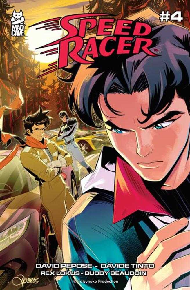 Comic book cover of 'Speed Racer' with a character in a racing car and dynamic background.