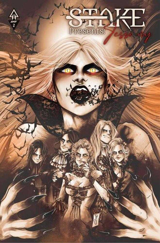 Comic book cover featuring a central character with glowing eyes and a group of people in a dark, eerie setting.