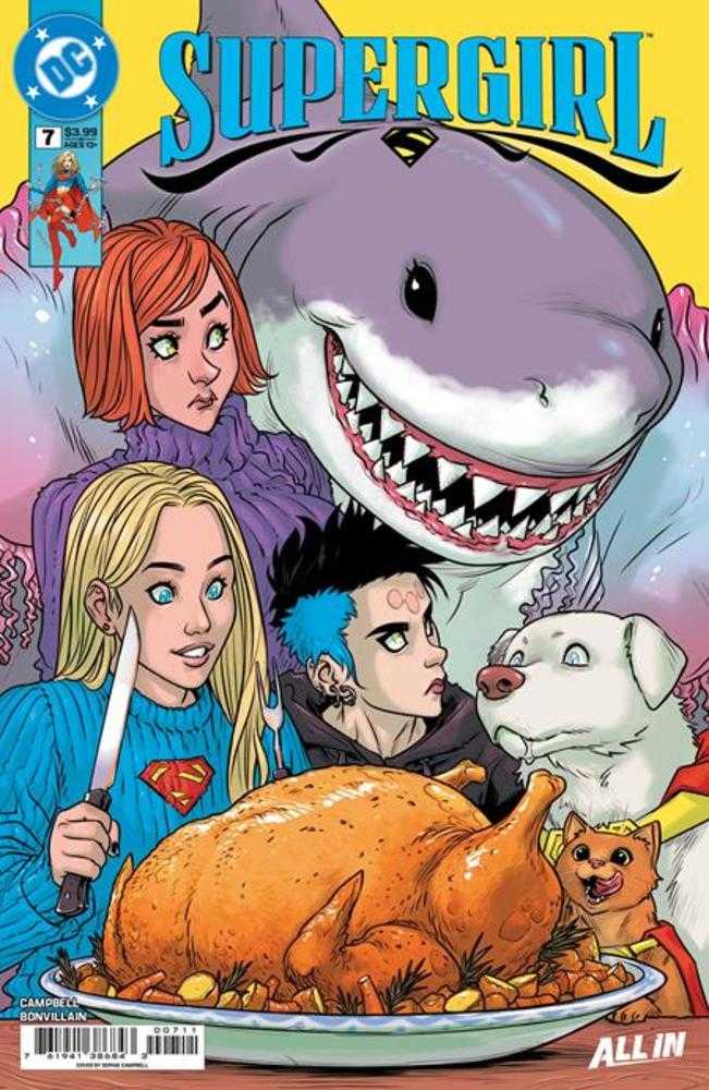 Comic book cover featuring a shark, people, and a turkey with a DC logo.