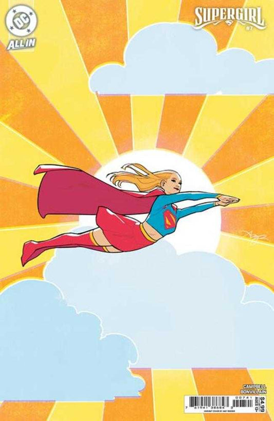 Supergirl flying through the sky with a colorful background