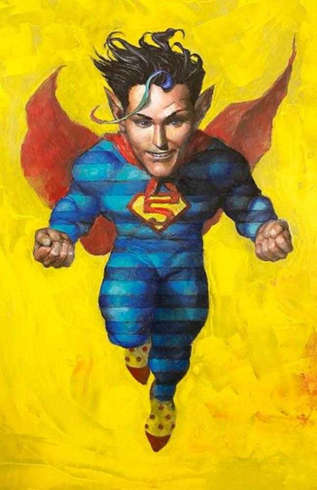 Superman character in blue costume with red cape on yellow background