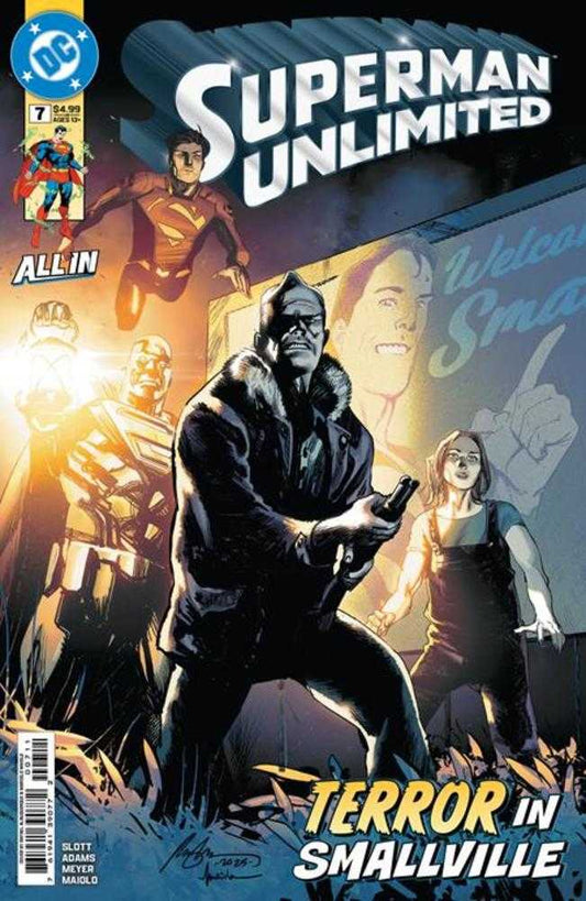 Comic book cover of 'Superman Unlimited' featuring a superhero in a dark outfit with other characters in the background.