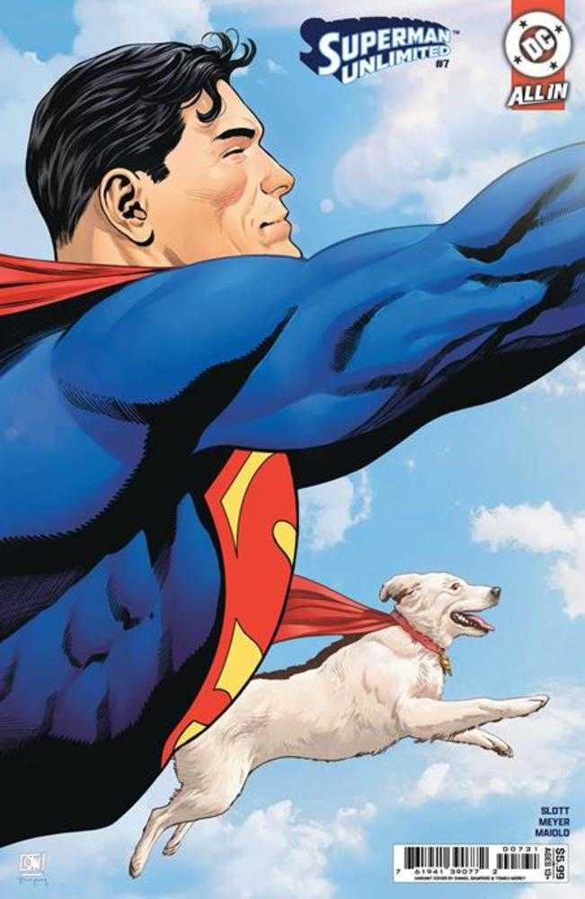 Superman flying with a dog against a blue sky background