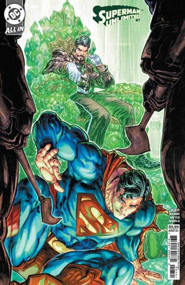 Comic book cover featuring Superman and another character in a dynamic pose with green energy.