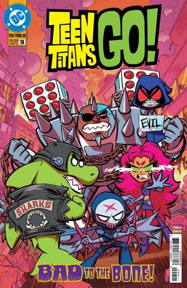 Comic book cover of Teen Titans Go! with colorful characters and text.