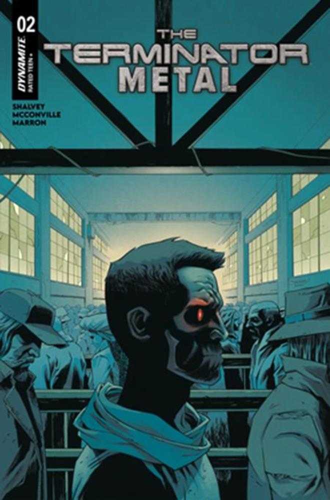 Comic book cover of 'The Terminator Metal' with a character in a futuristic setting.