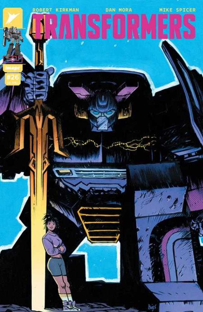 Comic book cover featuring a robot and a person with a blue background