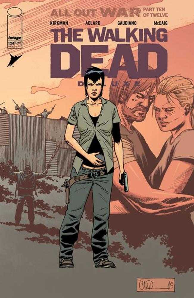 Comic book cover of 'The Walking Dead' with characters in a post-apocalyptic setting.