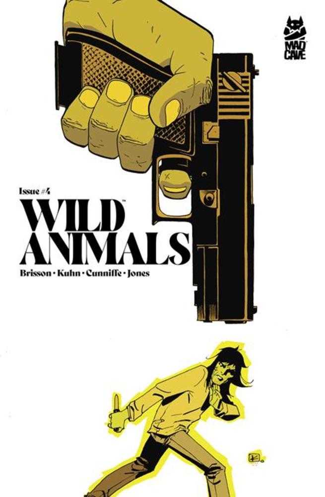 Comic book cover of 'Wild Animals' with a hand holding a gun and a silhouette of a person giving a thumbs-up.