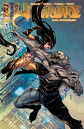 Comic book cover featuring a superhero and villain with a cityscape background