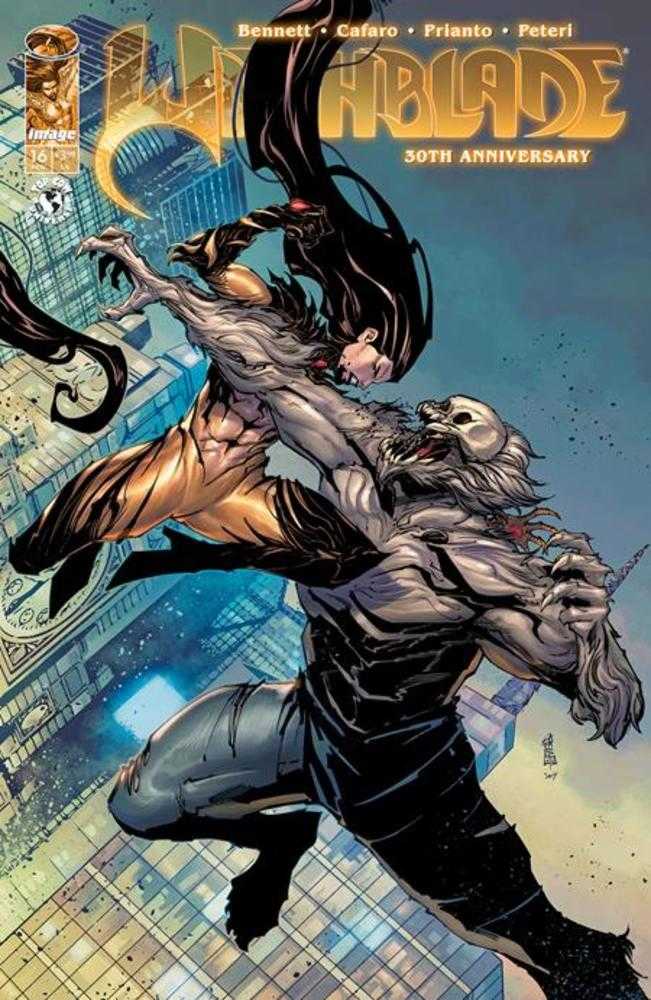 Comic book cover featuring a superhero and villain with a cityscape background