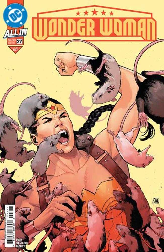 Comic book cover featuring Wonder Woman surrounded by rats with a yellow background