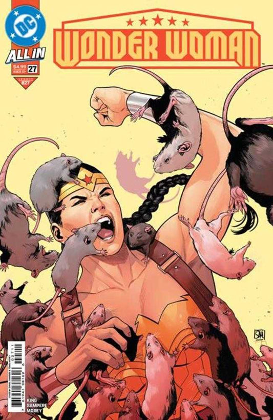 Comic book cover featuring Wonder Woman surrounded by rats with a yellow background