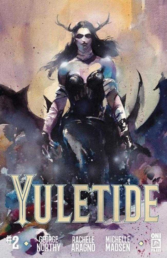 Comic book cover of 'Yuletide' featuring a character with antlers and armor against a mystical background.