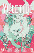 Cover of 'Yuletide' with a large white creature and smaller characters on a pink background