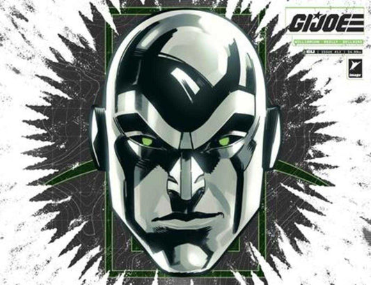 Stylized illustration of a character's helmet with green accents, featuring the G.I. Joe logo.