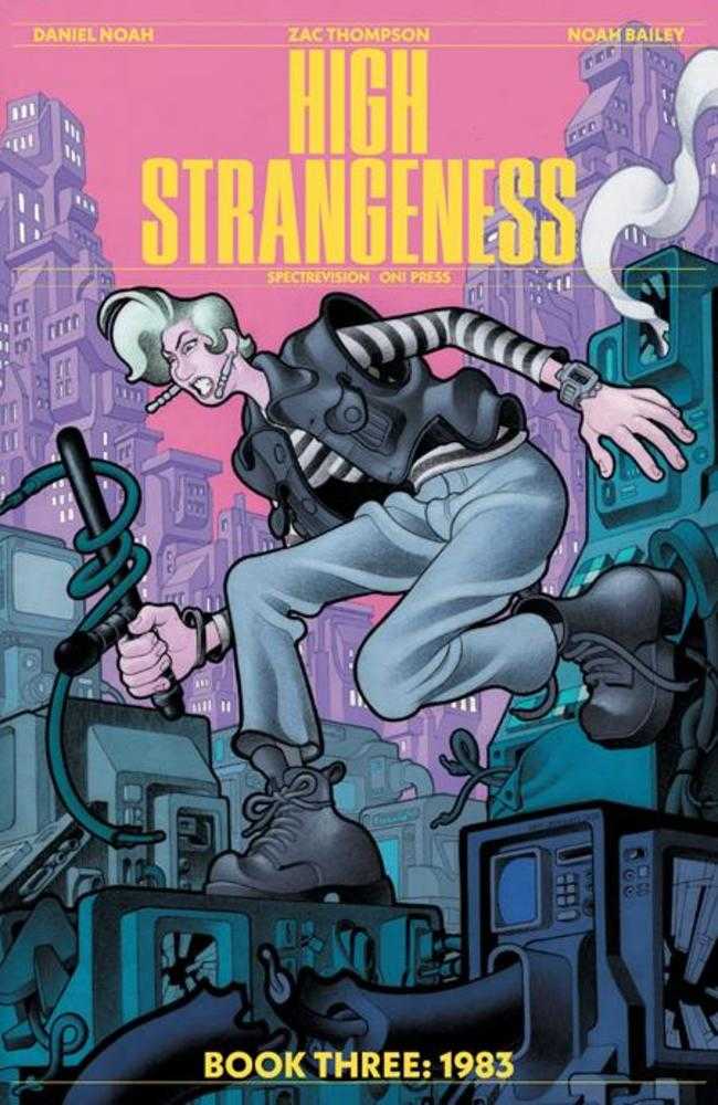 Comic book cover of 'High Strangeness' with a character in a cityscape background