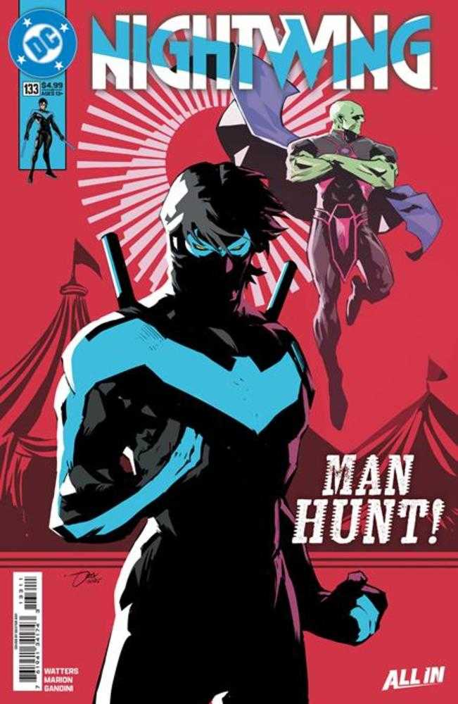 Comic book cover featuring Nightwing with a red background and text 'Man Hunt!'.