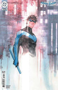 Comic book cover featuring a character in a black and blue suit with a cityscape background.