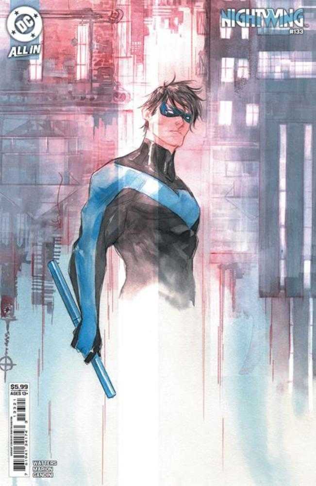 Comic book cover featuring a character in a black and blue suit with a cityscape background.