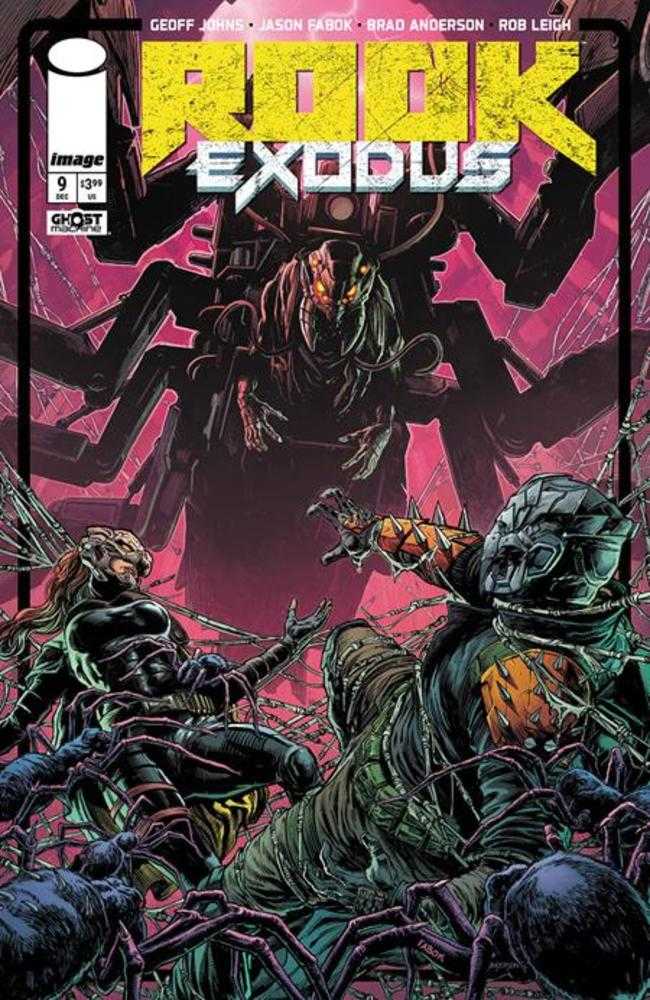 Comic book cover featuring a dark, action-packed scene with characters in armor and a pinkish-purple background.
