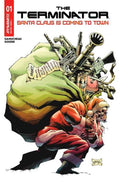 Comic book cover featuring a character in a Santa Claus outfit holding a weapon, with text 'The Terminator: Santa Claus is Coming to Town' on a white background.