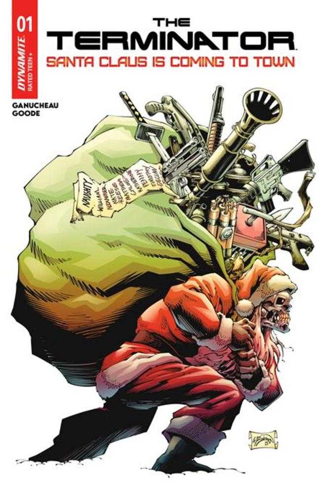 Comic book cover featuring a character in a Santa Claus outfit holding a weapon, with text 'The Terminator: Santa Claus is Coming to Town' on a white background.