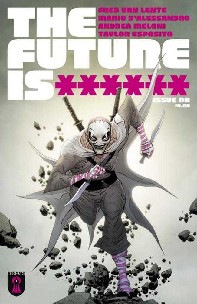 Comic book cover with a character holding swords and the title 'The Future Is...', featuring a white and gray color scheme.
