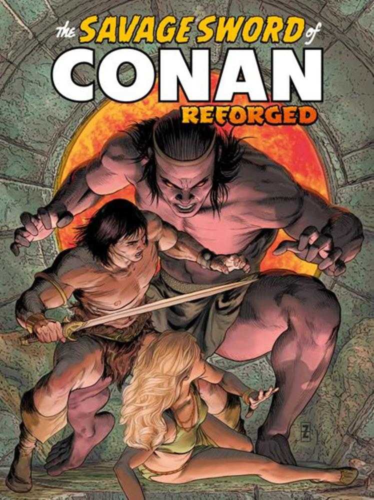 Cover of 'The Savage Sword of Conan Reforged' with characters holding swords and a woman.