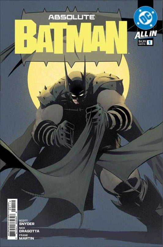 Comic book cover of 'Absolute Batman All In' featuring the character in a dark costume with a moonlit background.