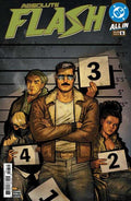 Comic book cover featuring a character in a mugshot with others, with 'Absolute Flash' and DC logos.