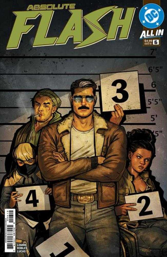 Comic book cover featuring a character in a mugshot with others, with 'Absolute Flash' and DC logos.