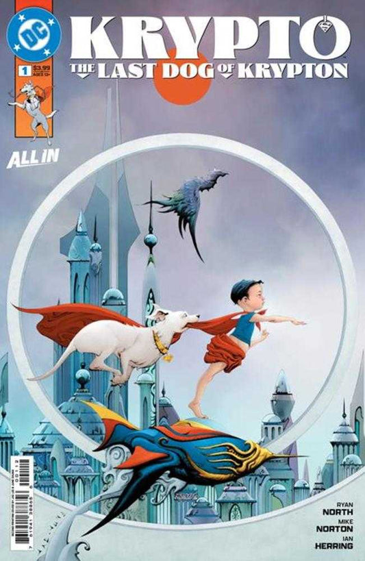 Comic book cover featuring a superheroine and dog with Kryptonian architecture in the background