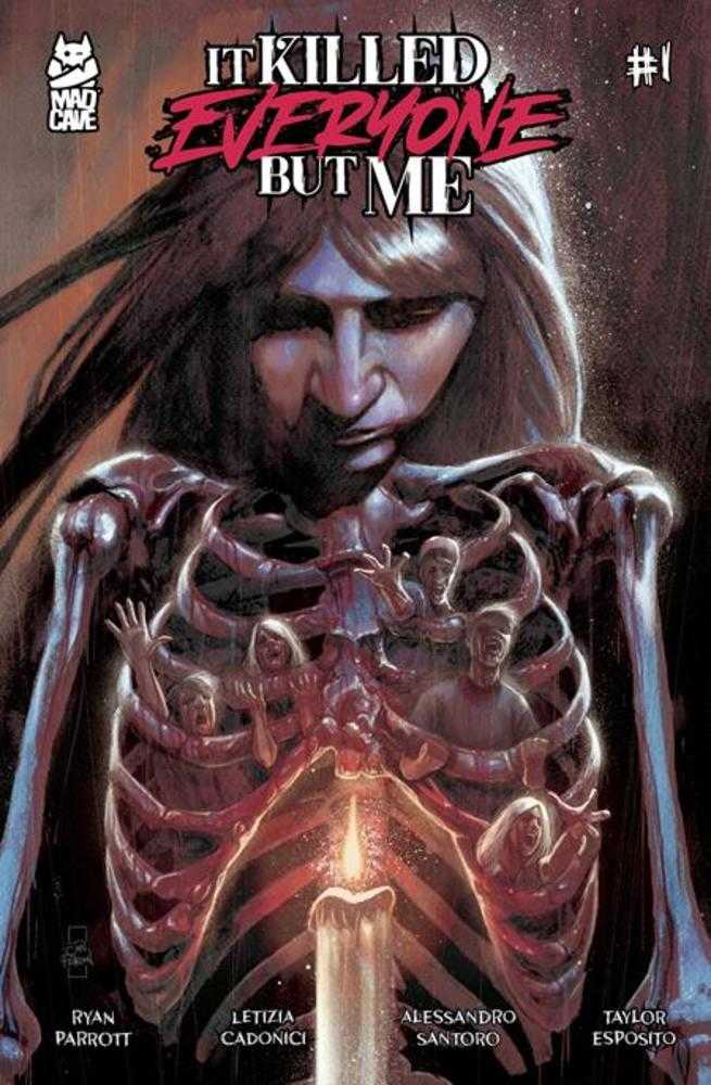 Comic book cover of 'It Killed Everyone But Me' with a skeleton and human figures.