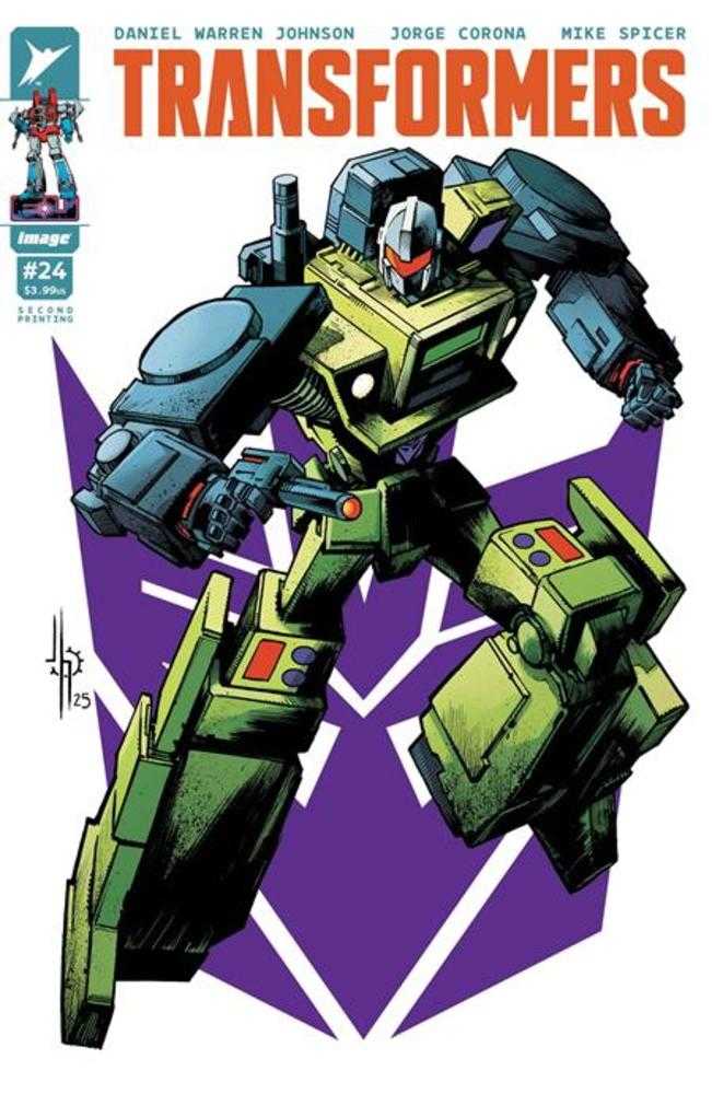 Transformers comic book cover with robot character on a purple and white background